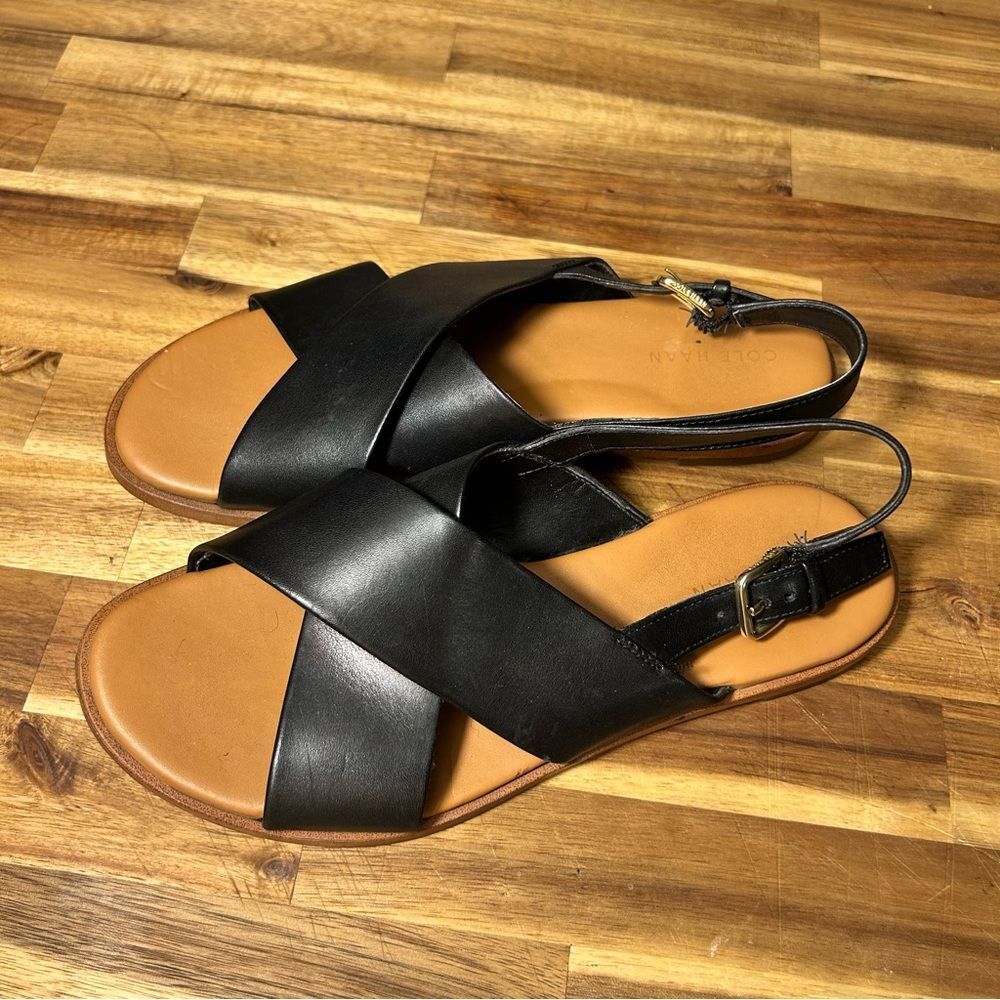 Cole Haan Fernanda Grand Flat Black Leather Sandals Size 5.5 - Picture 2 of 14